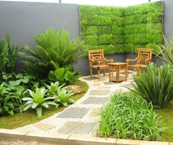 Jardim com caminho de pedras e muro verde